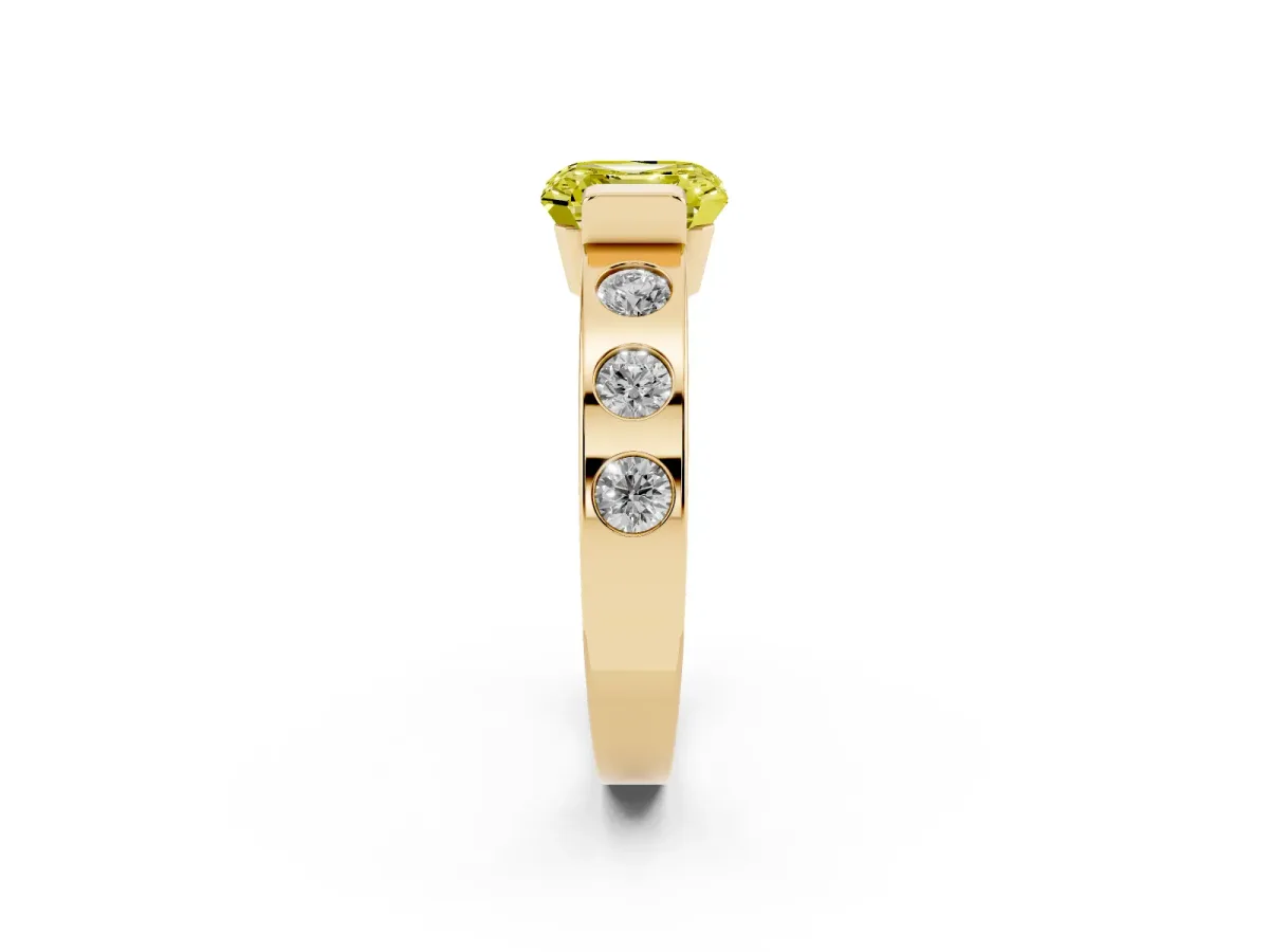 Fancy Yellow Asscher Cut Brilliant Channel-Set Diamond Ring with Bezel Prong Setting Yellow gold