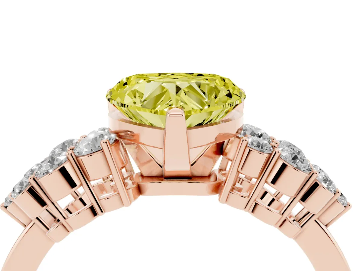 Fancy Yellow Heart Cut Cluster Diamond Engagement Ring with Pavé Band and Four-Prong Setting Rose gold