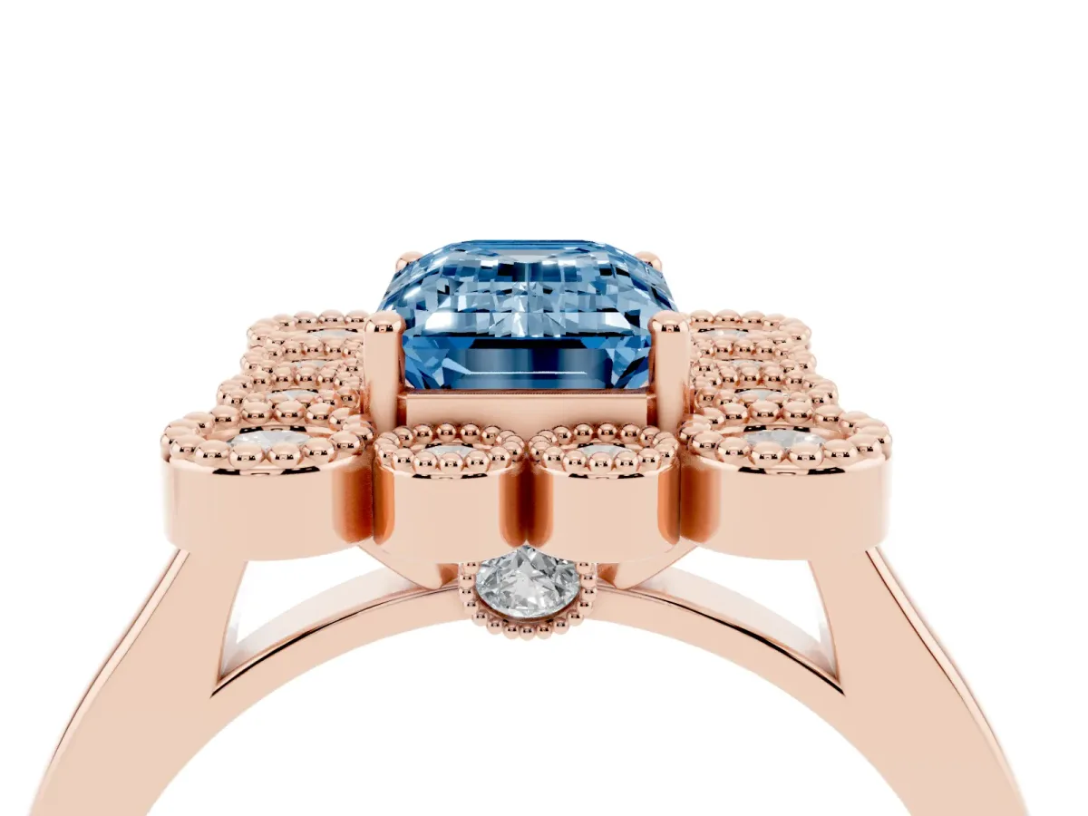 Fancy Blue Emerald Cut Halo Diamond Cluster Engagement Ring with Milgrain Bezel Setting and Solitaire Band Rose gold