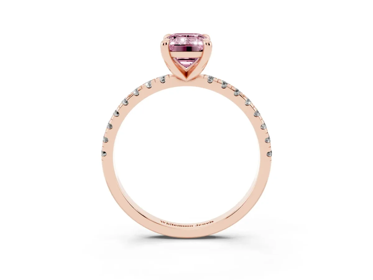Fancy Pink Emerald Cut Diamond Brilliant Solitaire Ring with Pavé Band and Four-Prong Setting Rose gold