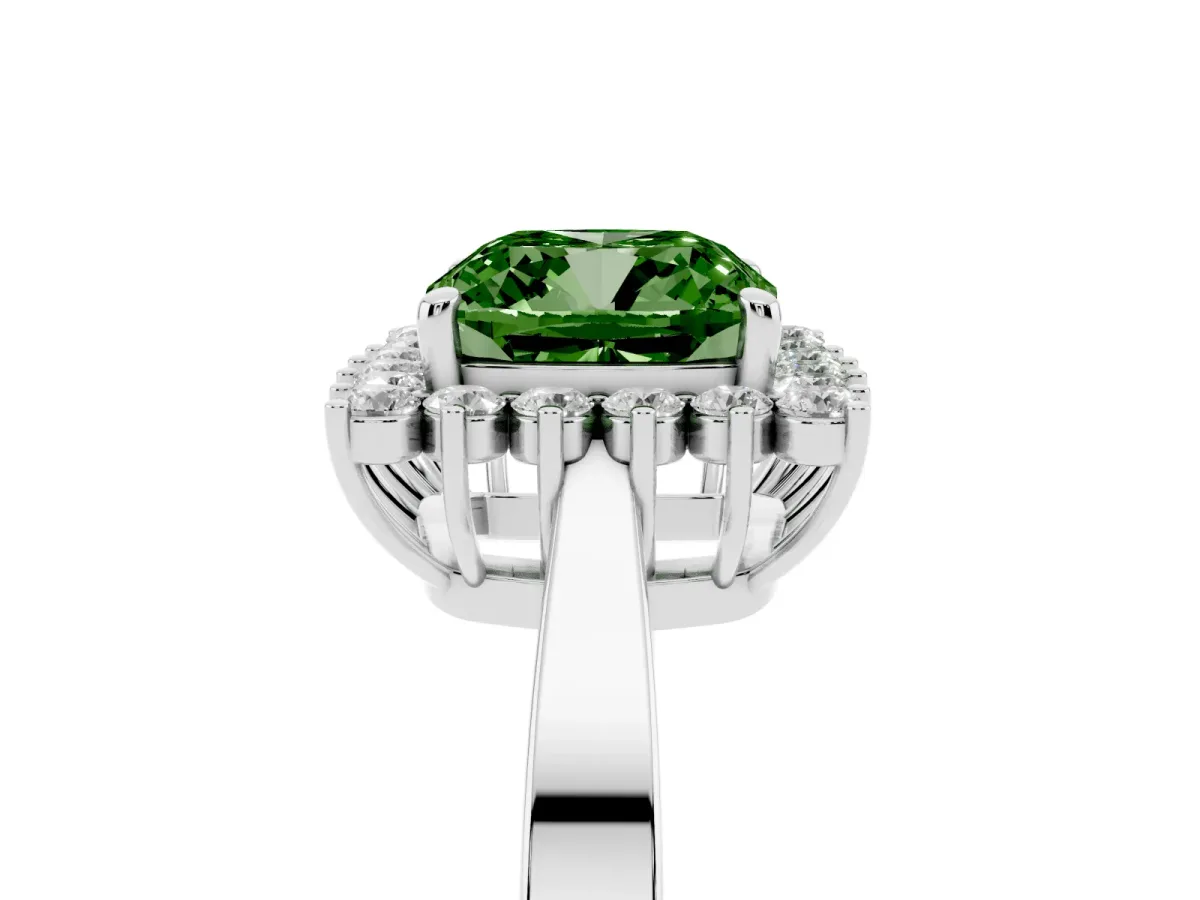 Fancy Green Cushion Cut Cut Diamond Halo Ring with Round Brilliant Halo and Solitaire Band Silver