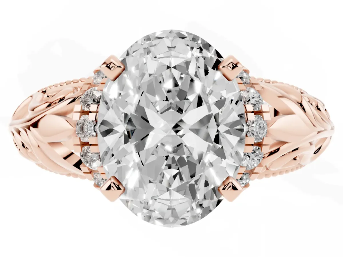 Oval Cut Solitaire Filigree Engagement Ring with Halo and Prong Setting Rose gold