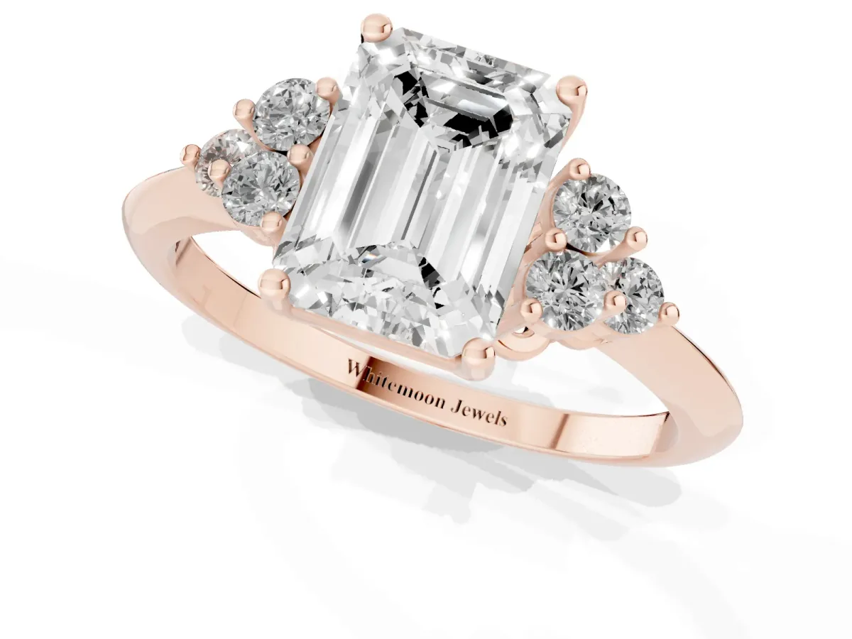 Emerald Cut Cut Diamond Cluster Ring with Solitaire Band and Four-Prong Setting Rose gold