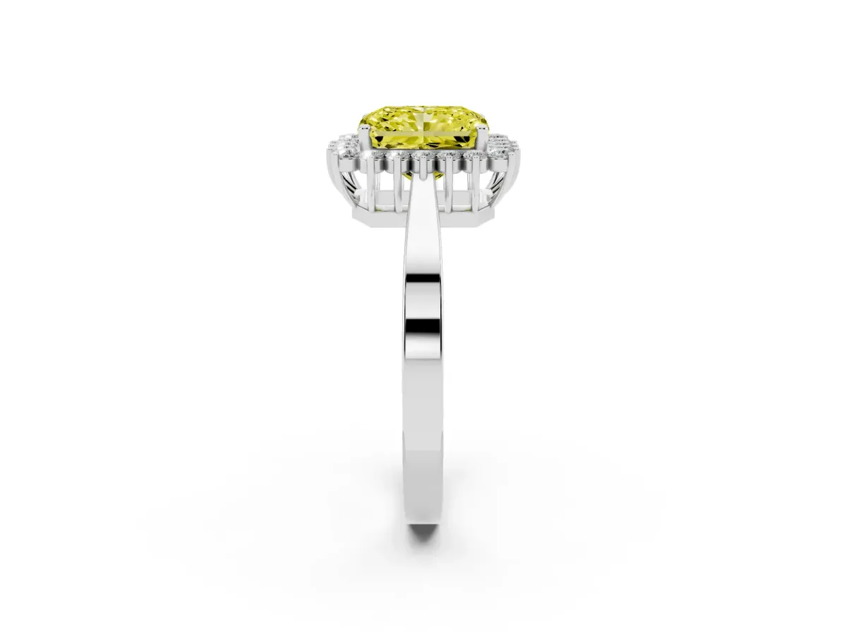 Fancy Yellow Radiant Cut Cut Diamond Halo Ring with Round Brilliant Halo and Solitaire Band Silver