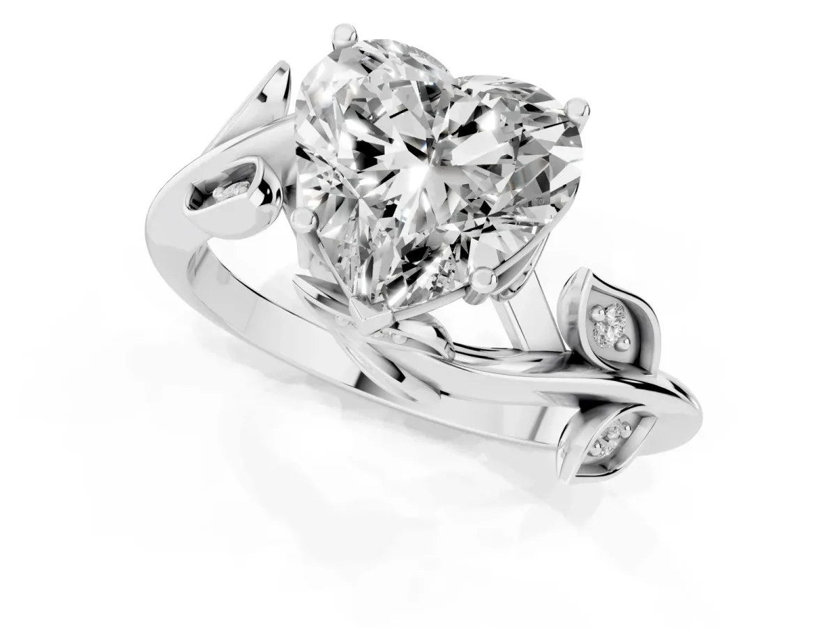 Heart Cut Solitaire Twist Engagement Ring with Leaf Accents and Prong Setting Silver