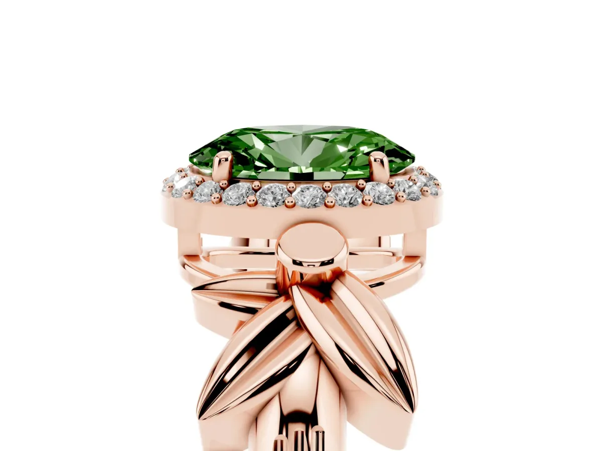 Fancy Green Oval Cut Halo Diamond Floral Band with Four-Prong Setting Rose gold