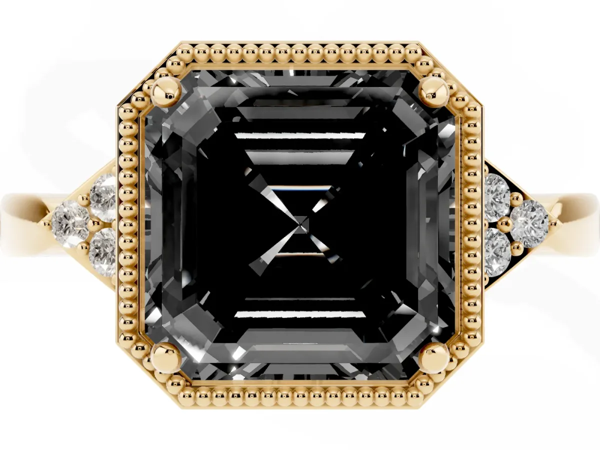 Fancy Black Hexagonal Halo Asscher Cut Diamond Solitaire with Pavé Band and Four-Prong Setting Yellow gold