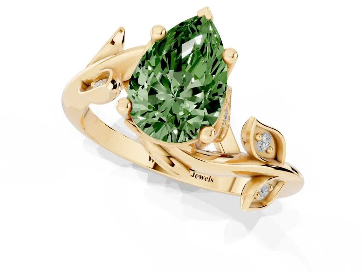 Fancy Green Pear Cut Solitaire Twist Engagement Ring with Leaf Accents and Prong Setting Yellow gold
