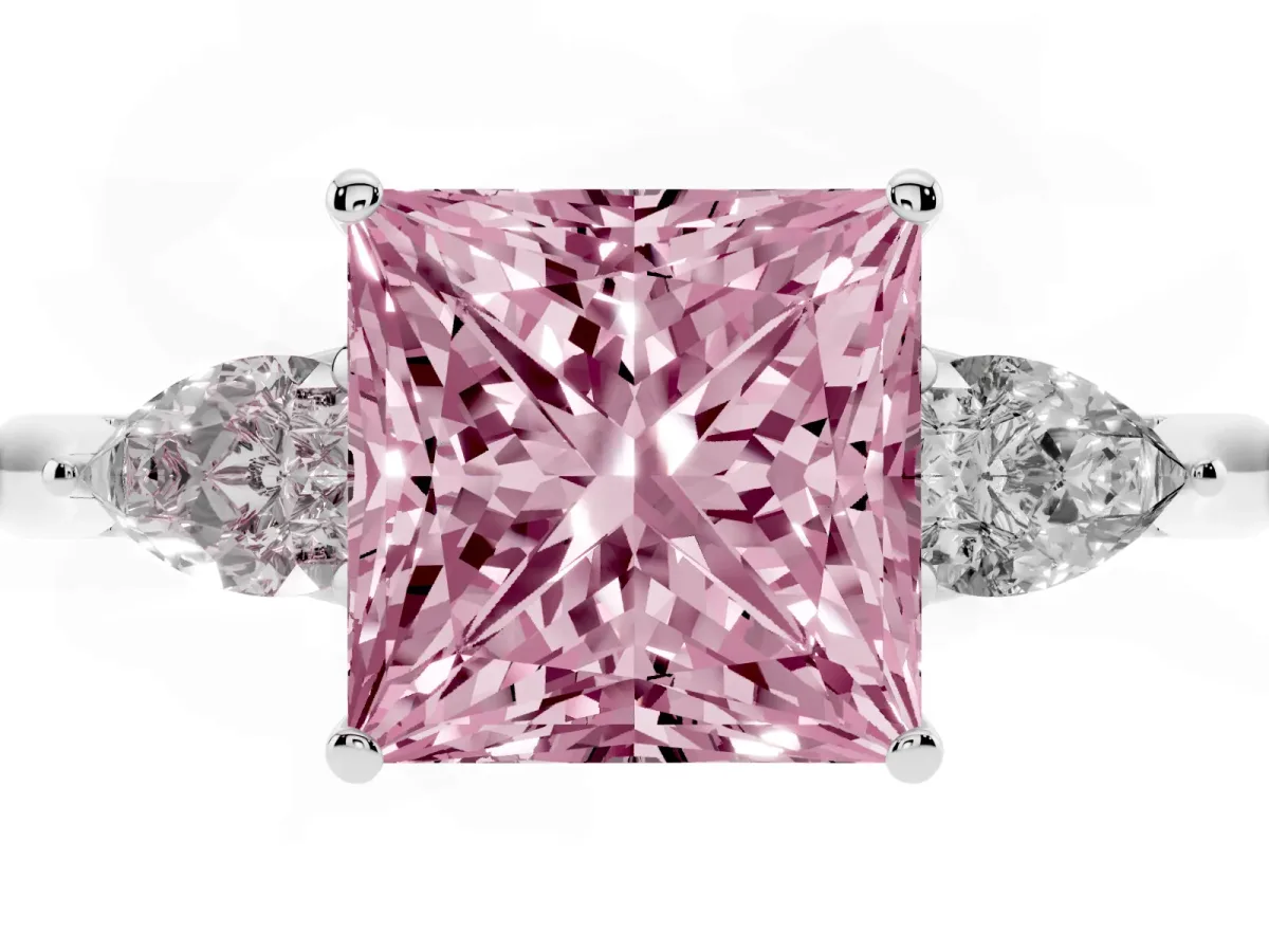 Fancy Pink Three-Stone Princess Cut Diamond Ring with Pear Side Stones in Four-Prong Setting Silver