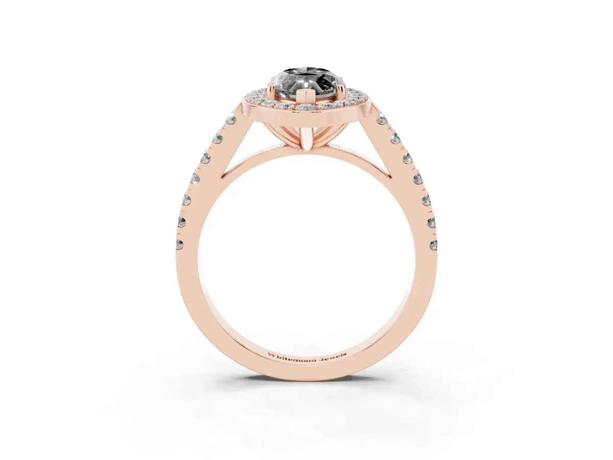 Fancy Black Marquise Cut Diamond Halo Ring with Round Pavé Split Shank and Prong Setting Rose gold
