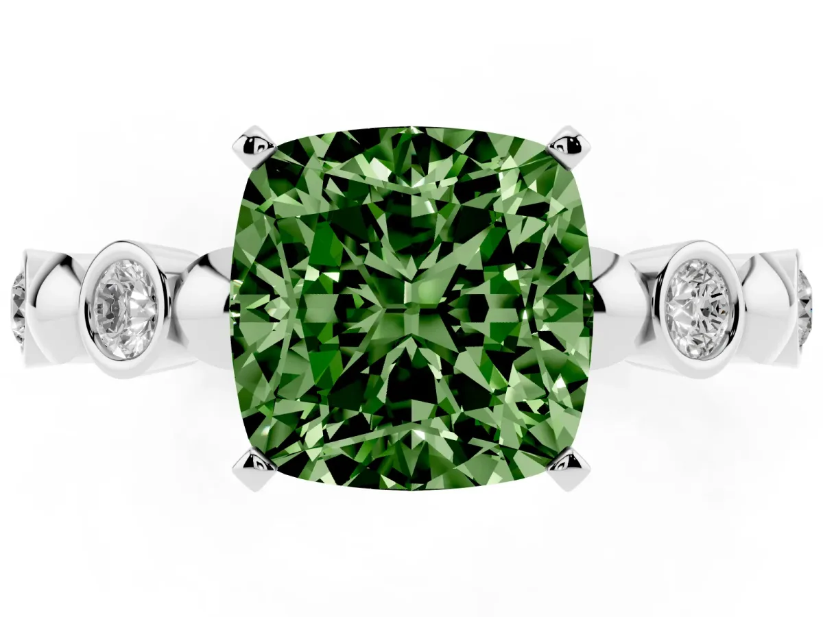 Fancy Green Cushion Cut Solitaire Bezel-Set Diamond Ring with Beaded Band and Four-Prong Setting Silver