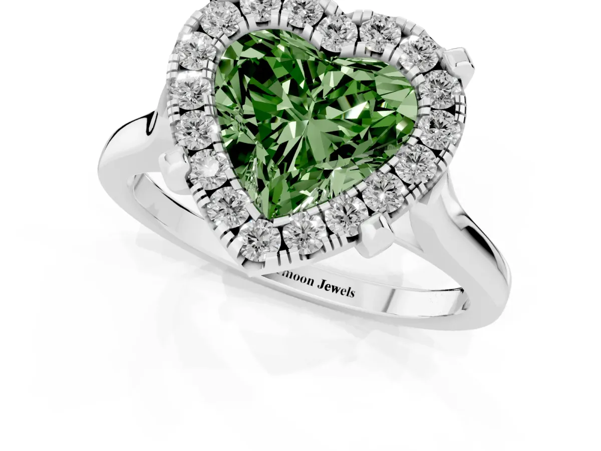 Fancy Green Heart Cut Diamond Cluster Halo Solitaire with Four-Prong Setting Silver