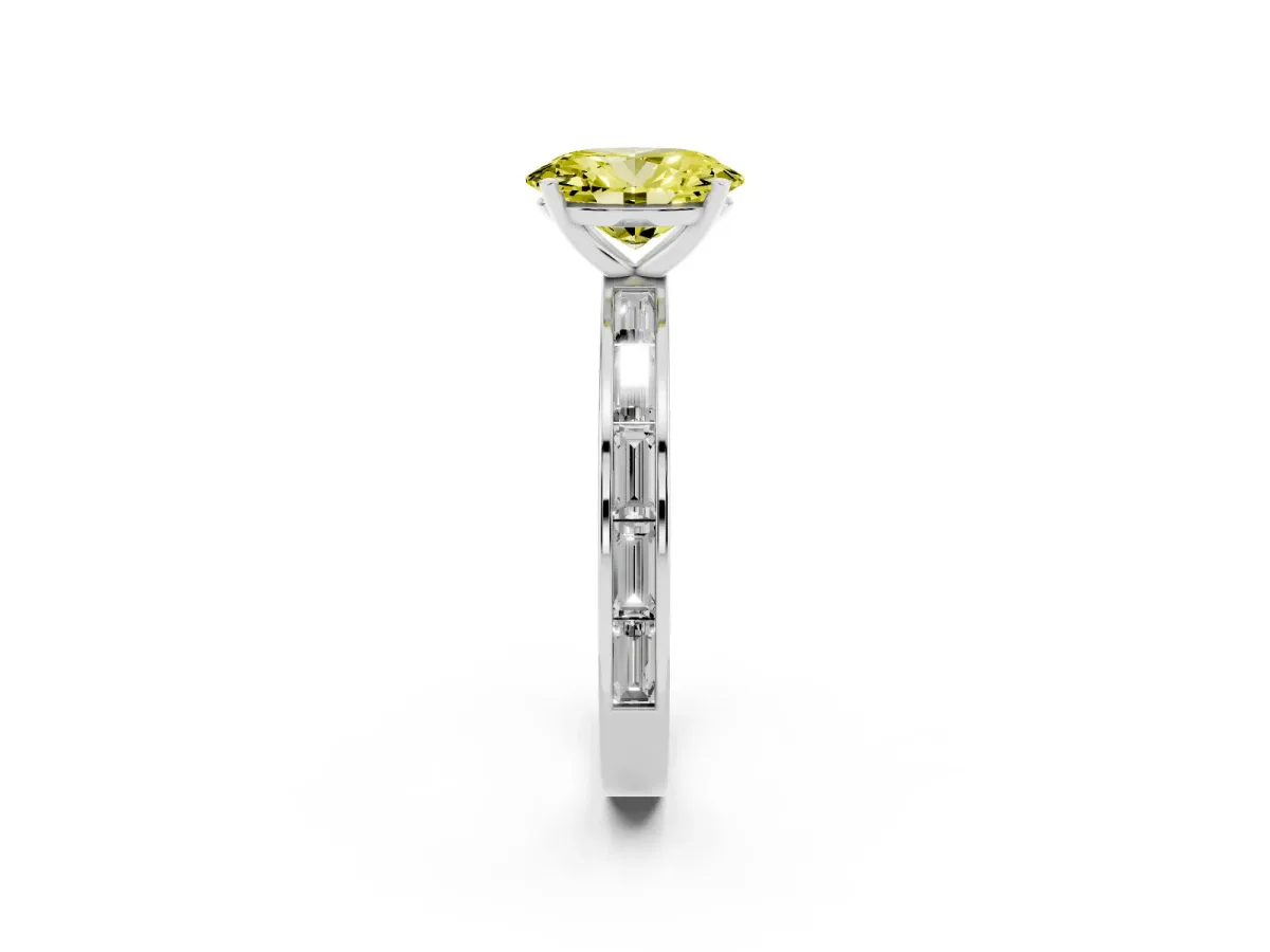 Fancy Yellow Oval Cut Solitaire Diamond Ring with Channel-Set Baguette Band and Four-Prong Setting Silver