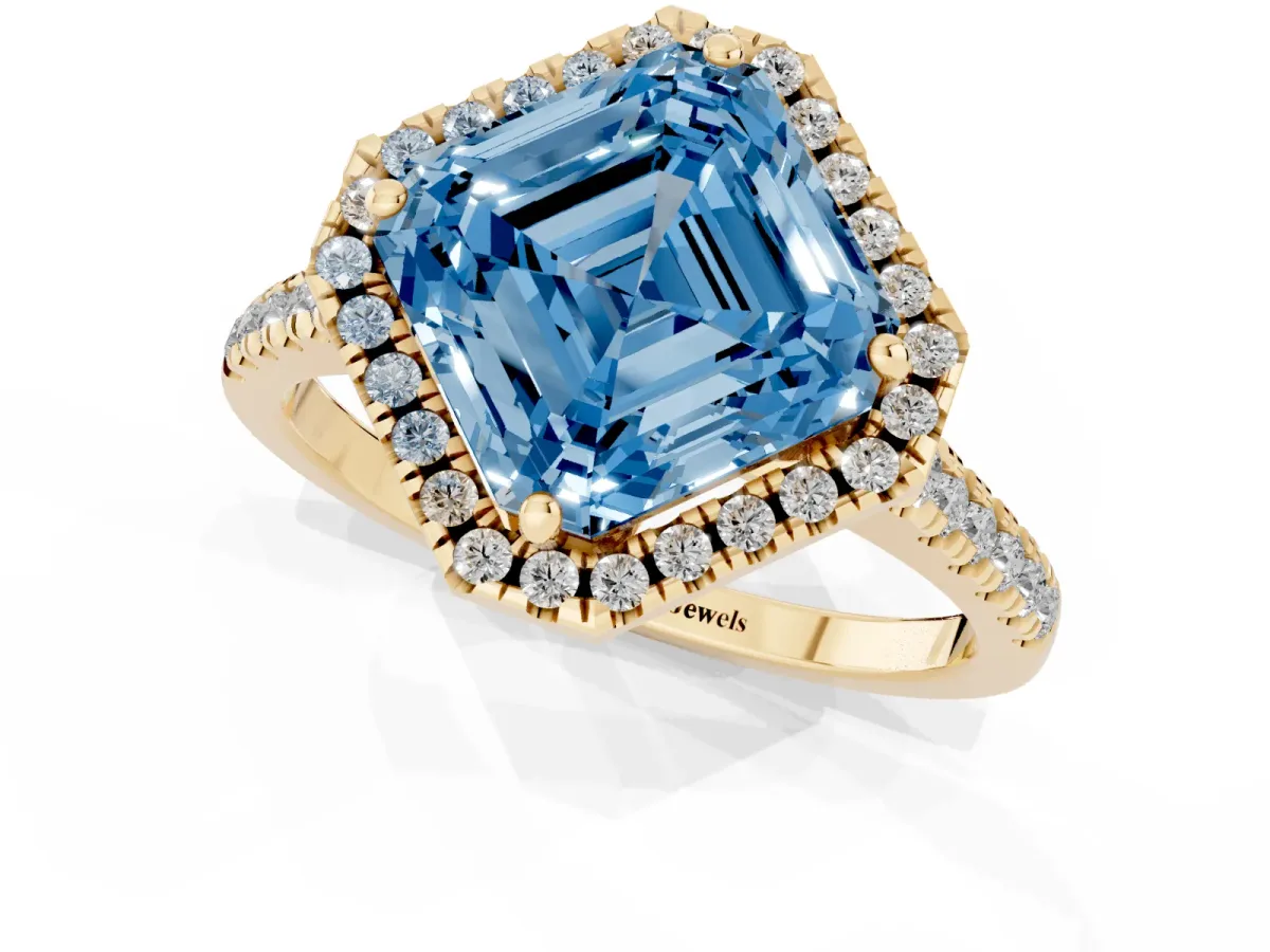 Fancy Blue Asscher Cut Diamond Cushion Halo Ring with Pavé Band Yellow gold