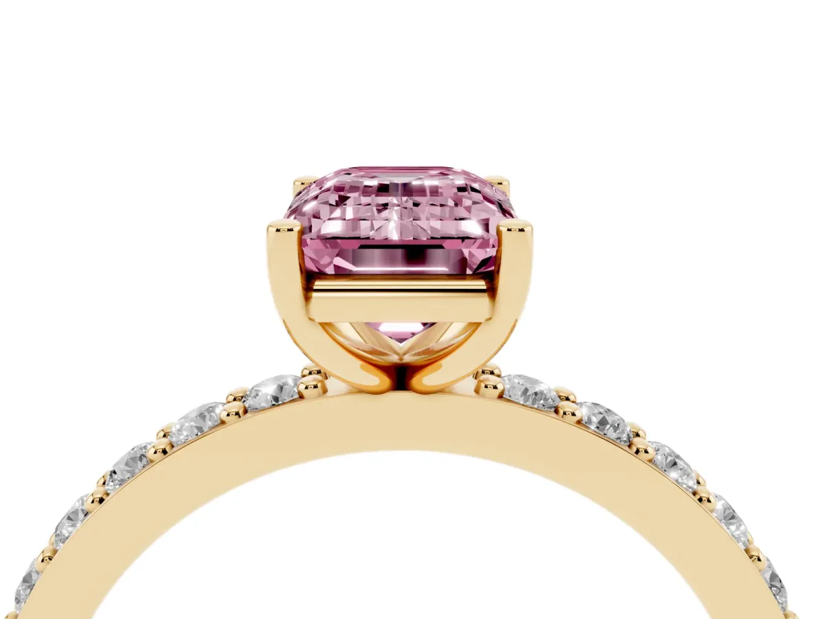 Fancy Pink Emerald Cut Cut Diamond Solitaire with Pave Band and Four-Prong Setting Yellow gold