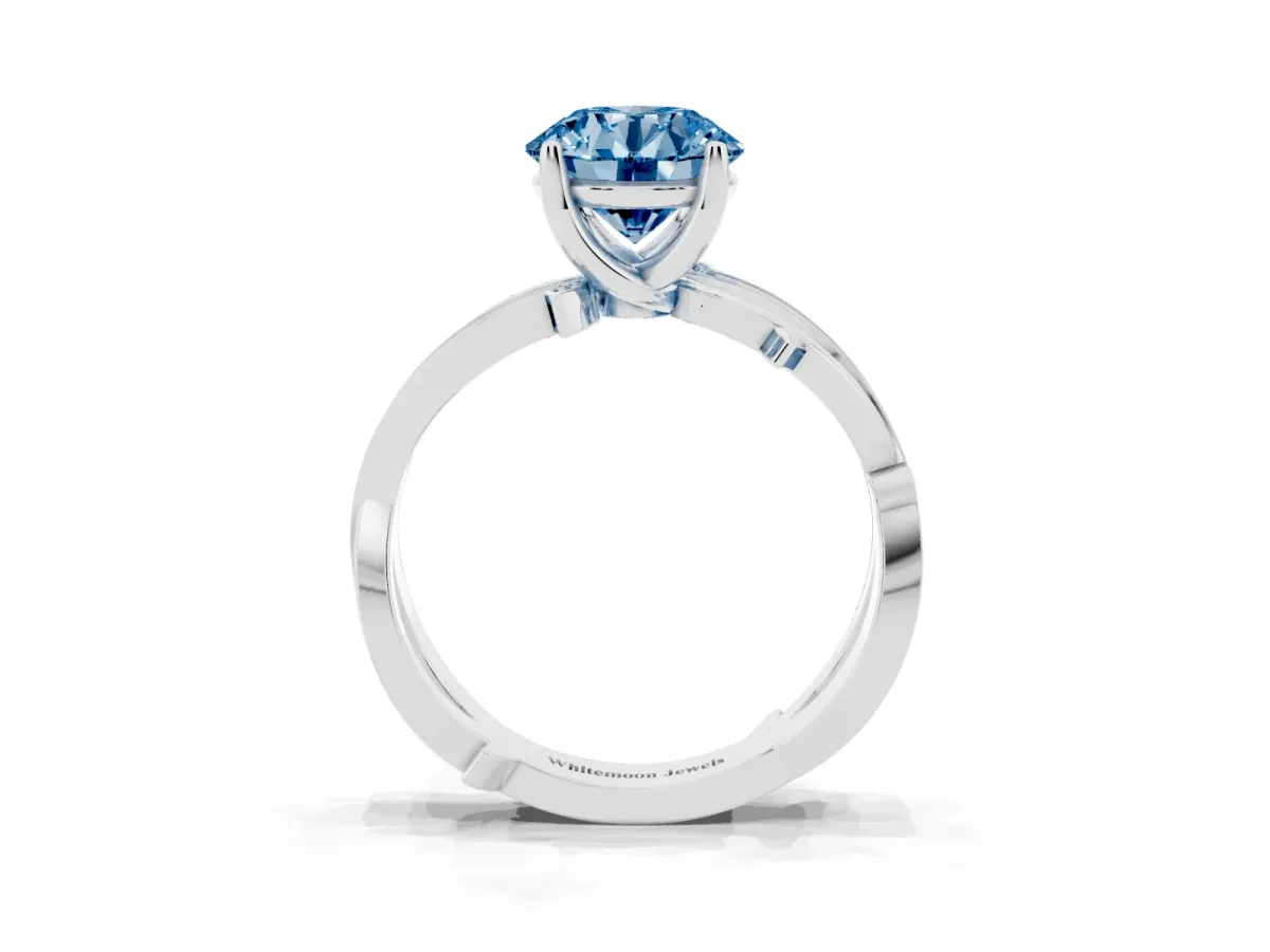 Fancy Blue Round Cut Solitaire Twist Band with Pavé Accents and Four-Prong Setting Platinum