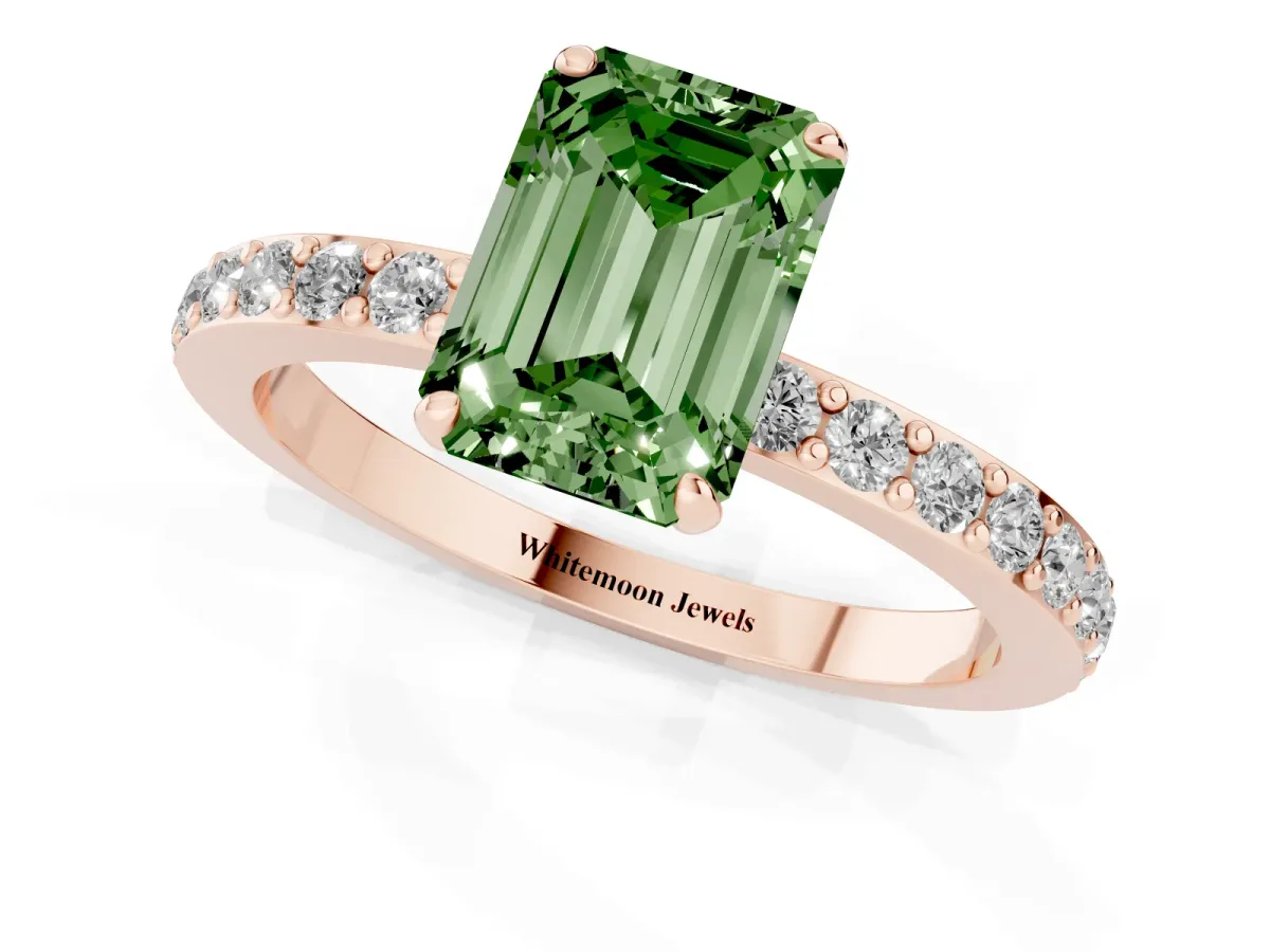 Fancy Green Emerald Cut Diamond Pavé Engagement Ring with Round Accents and Prong Setting Rose gold