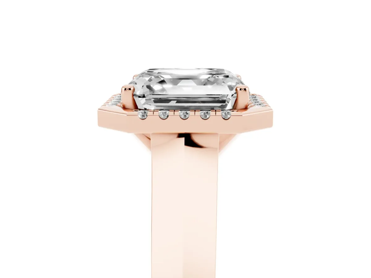 Asscher Cut Halo Diamond Ring with Cathedral Band and Four-Prong Setting Rose gold