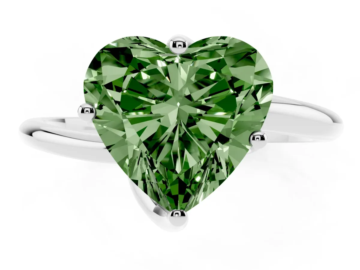 Fancy Green Heart Cut Diamond Solitaire Engagement Ring with Four-Prong Setting and Classic Band Silver