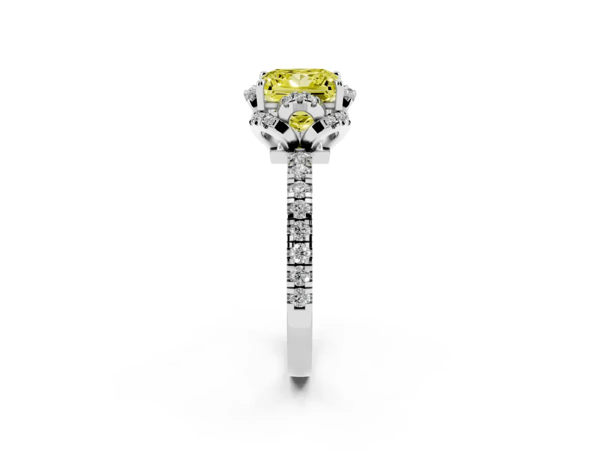 Fancy Yellow Princess Cut Diamond Halo Pave Band with Four-Prong Setting Silver