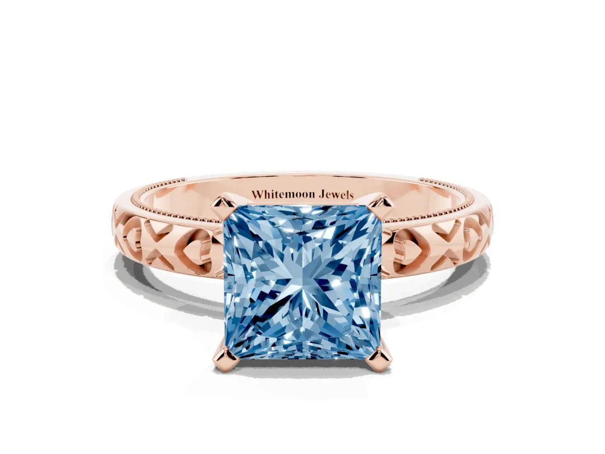 Fancy Blue Princess Cut Solitaire Diamond Engagement Ring with XO Engraved Band and Four-Prong Setting Rose gold