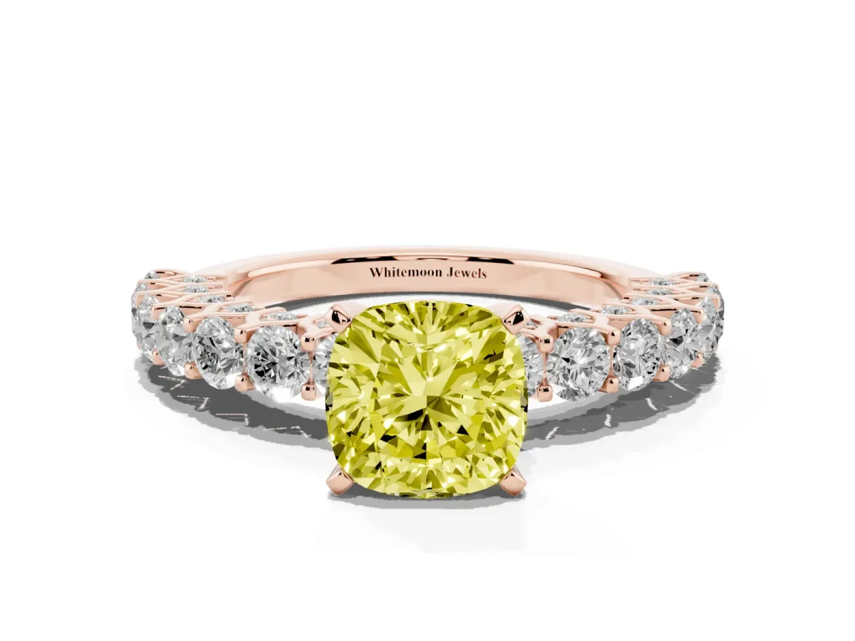 Fancy Yellow Cushion Cut Diamond Solitaire Ring with Shared Prong Pavé Band and Four-Prong Setting Rose gold