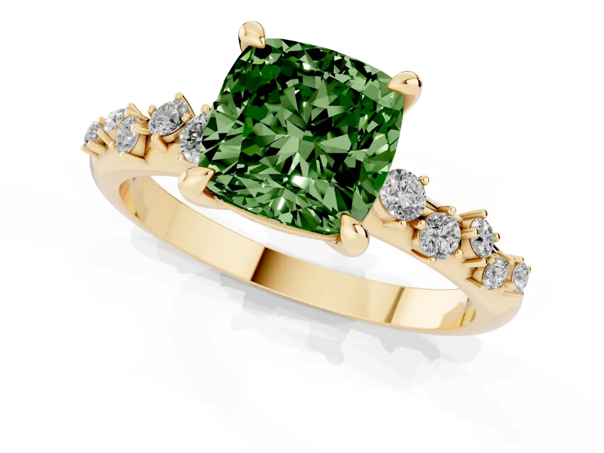 Fancy Green Cushion Cut Cut Diamond Vine Band with Four-Prong Setting Yellow gold