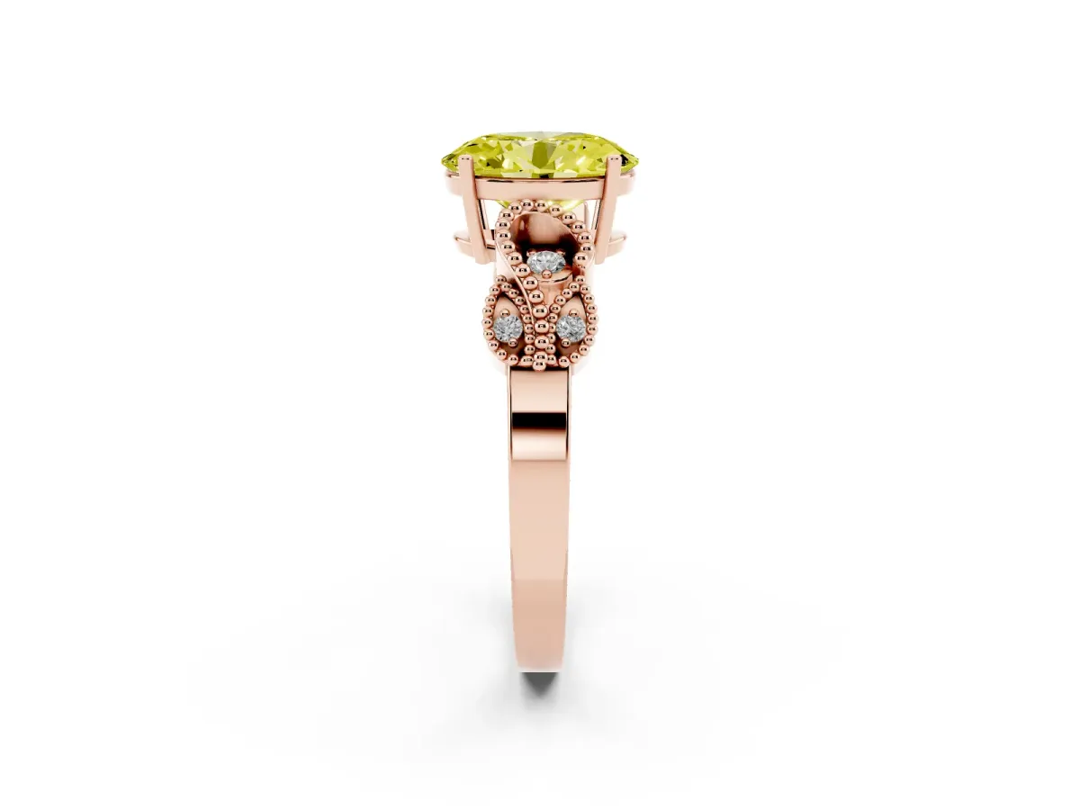 Fancy Yellow Oval Cut Solitaire Milgrain Leaf Band with Prong Setting Rose gold