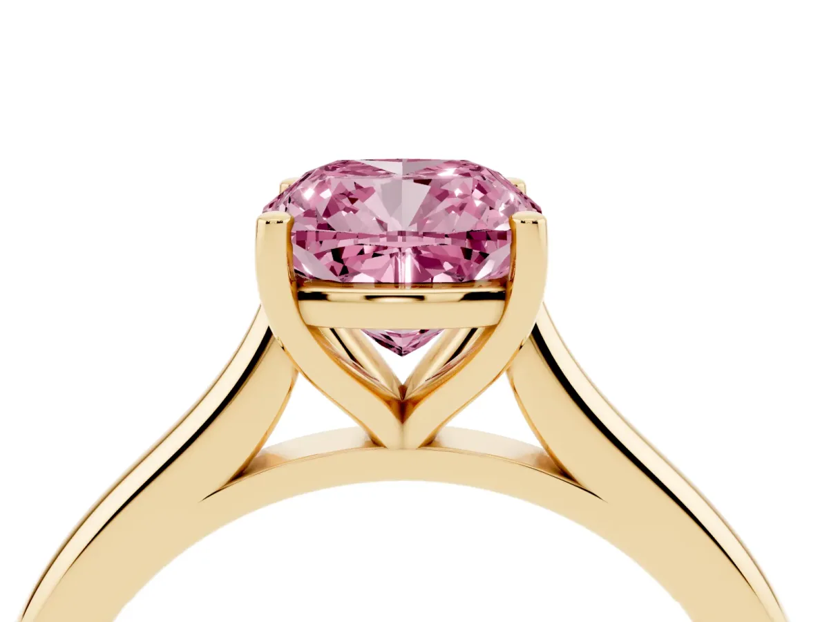 Fancy Pink Cushion Cut Cut Solitaire Ring with Cathedral Band and Four-Prong Setting Yellow gold