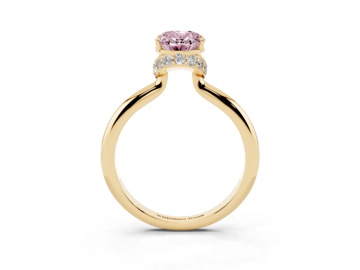 Fancy Pink Oval Cut Brilliant Solitaire Engagement Ring with Six-Prong Setting and Classic Band Yellow gold