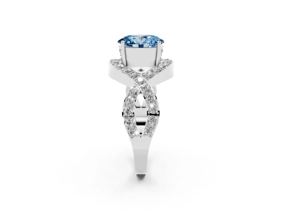 Fancy Blue Oval Cut Solitaire Twist Band Pavé Diamond Engagement Ring Silver
