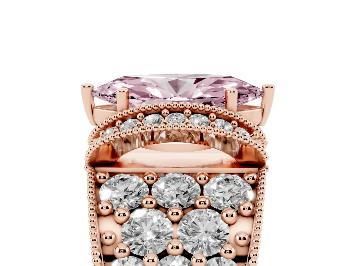 Fancy Pink Marquise Cut Halo Pave Diamond Engagement Ring with Milgrain Detailing Rose gold