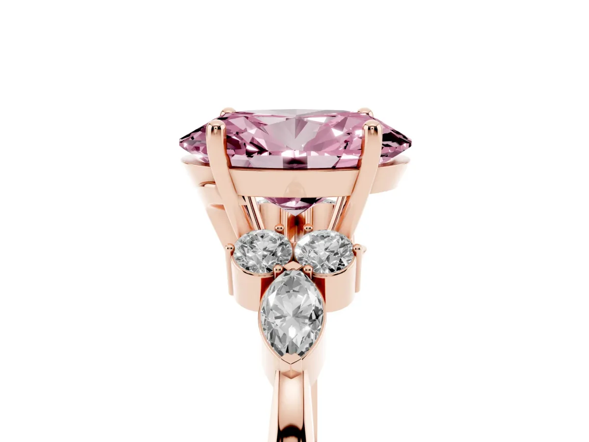 Fancy Pink Oval Cut Brilliant Diamond Solitaire Ring with Pear Side Stones and Four-Prong Setting Rose gold
