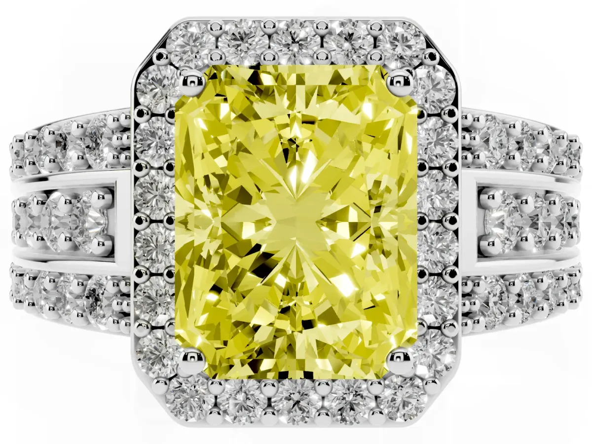 Fancy Yellow Radiant Cut Halo Diamond Ring with Round Split Shank and Prong Setting Silver