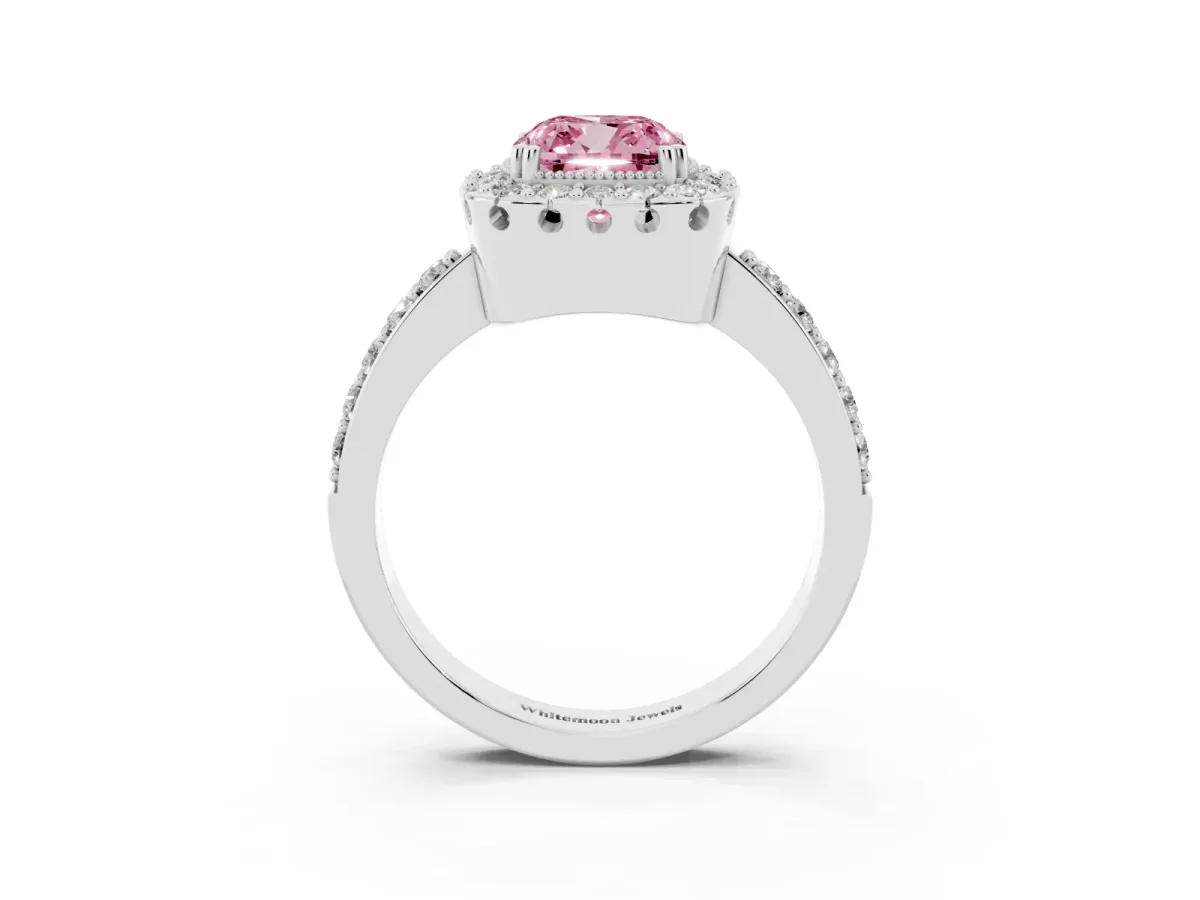 Fancy Pink Cushion Cut Diamond Halo Ring with Pavé Band and Prong Setting Silver