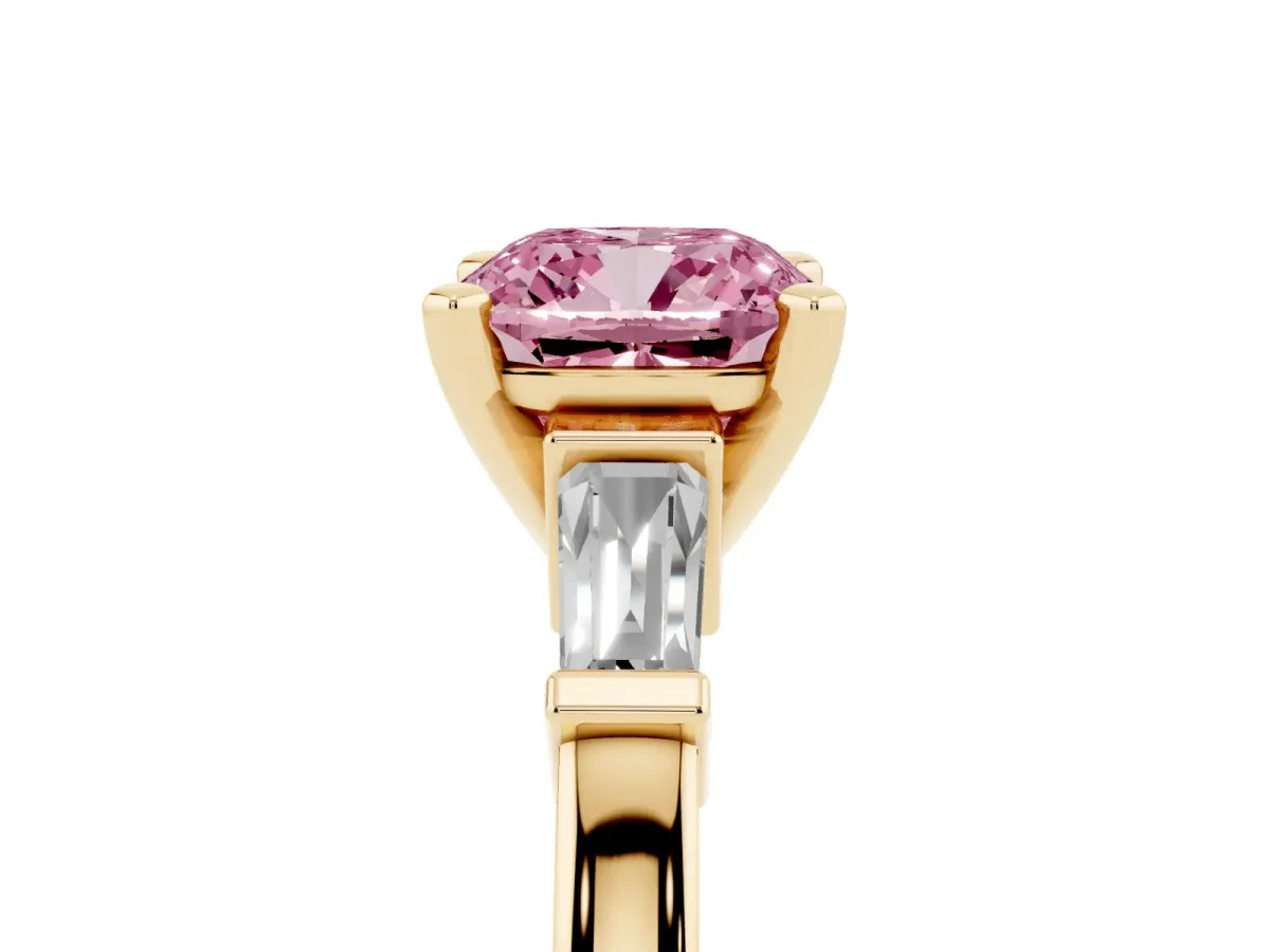 Fancy Pink Cushion Cut Cut Diamond Solitaire Ring with Tapered Baguette Accents and Four-Prong Setting Yellow gold