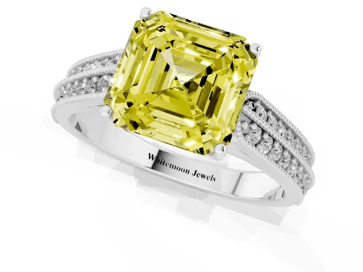 Fancy Yellow Asscher Cut Cut Pave Split Shank Engagement Ring with Four-Prong Setting Platinum