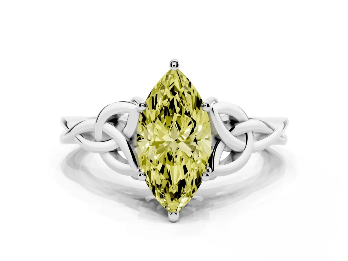 Fancy Yellow Marquise Cut Diamond Solitaire Engagement Ring with Celtic Knot Band and Four-Prong Setting Platinum