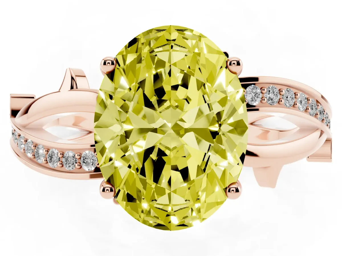 Fancy Yellow Oval Cut Solitaire Twist Band with Pavé Accents and Four-Prong Setting Rose gold