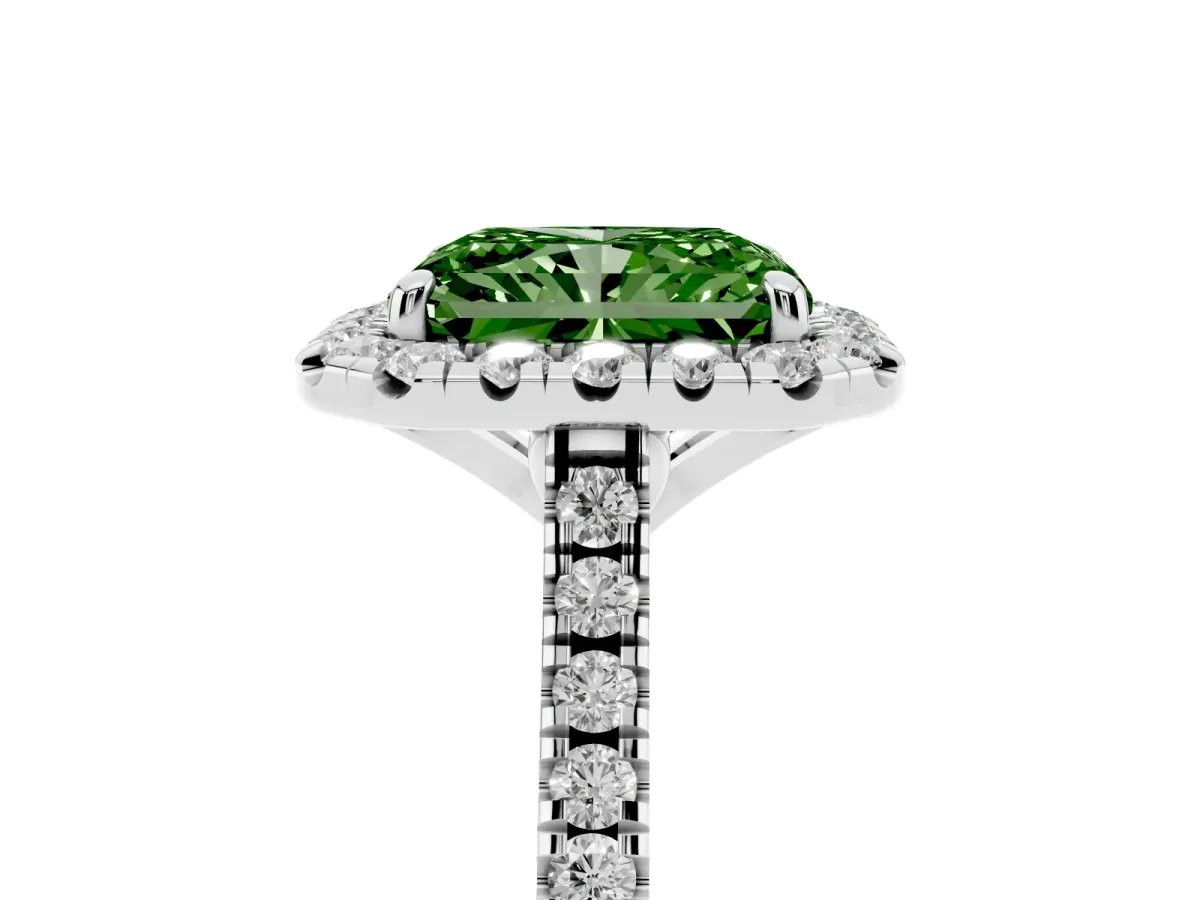 Fancy Green Radiant Cut Diamond Cushion Halo Ring with Pavé Band White gold