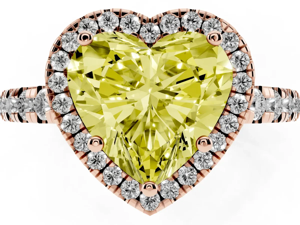 Fancy Yellow Heart Cut Diamond Halo Ring with Pavé Band and Four-Prong Setting Rose gold