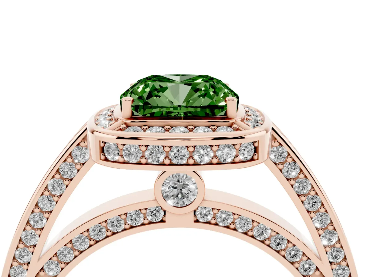 Fancy Green Cushion Cut Cut Halo Pave Split Shank Prong Setting Ring Rose gold