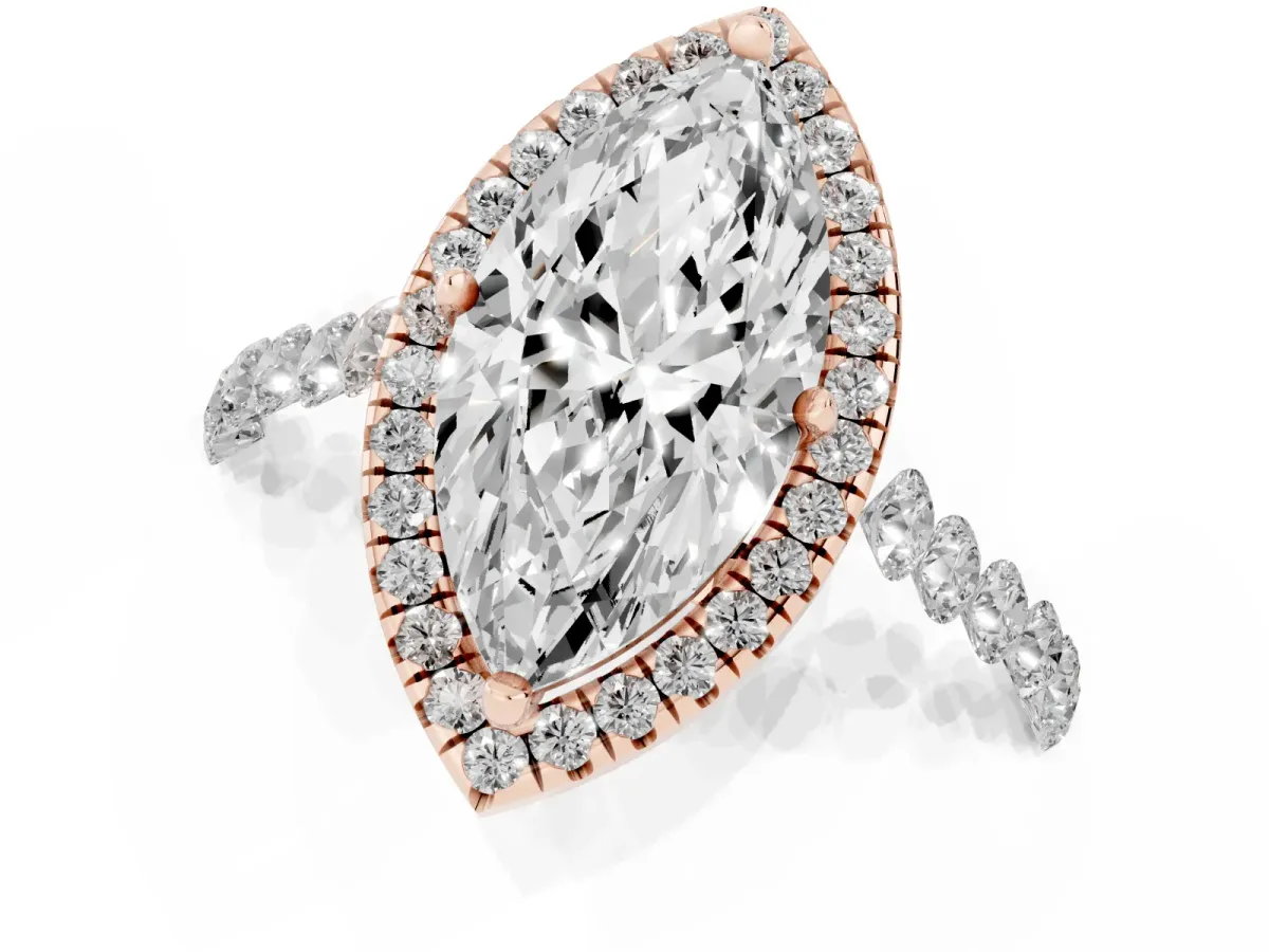 Marquise Cut Halo Pavé Diamond Engagement Ring with Four-Prong Setting Rose gold