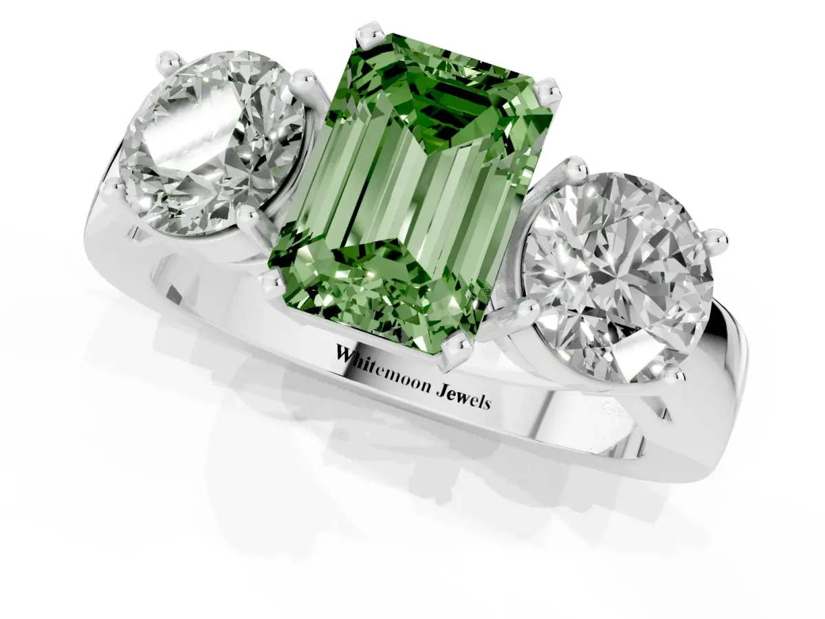 Fancy Green Three-Stone Emerald Cut Diamond Ring with Round Side Stones, Classic Band, and Four-Prong Setting Silver