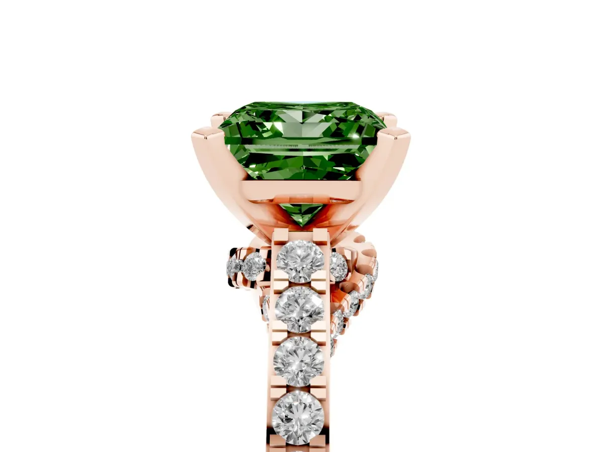 Fancy Green Princess Cut Diamond Solitaire Ring with Crossover Gallery and Round Pavé Band Rose gold