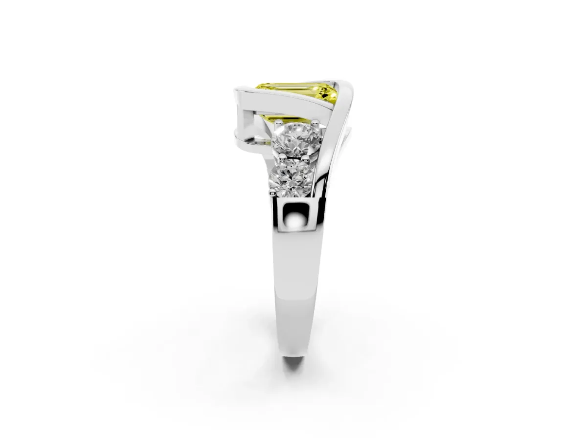 Fancy Yellow Bezel Set Emerald Cut Diamond Bypass Ring with Round Accents Silver