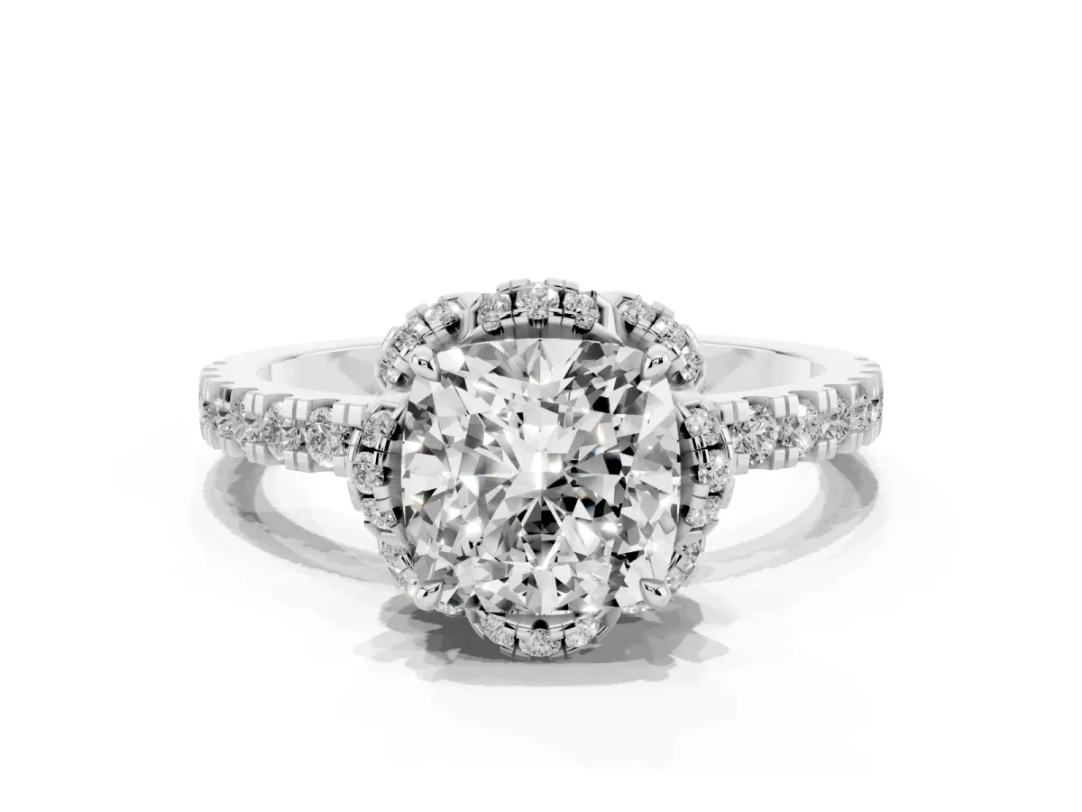Cushion Cut Diamond Halo Pave Band with Four-Prong Setting Silver