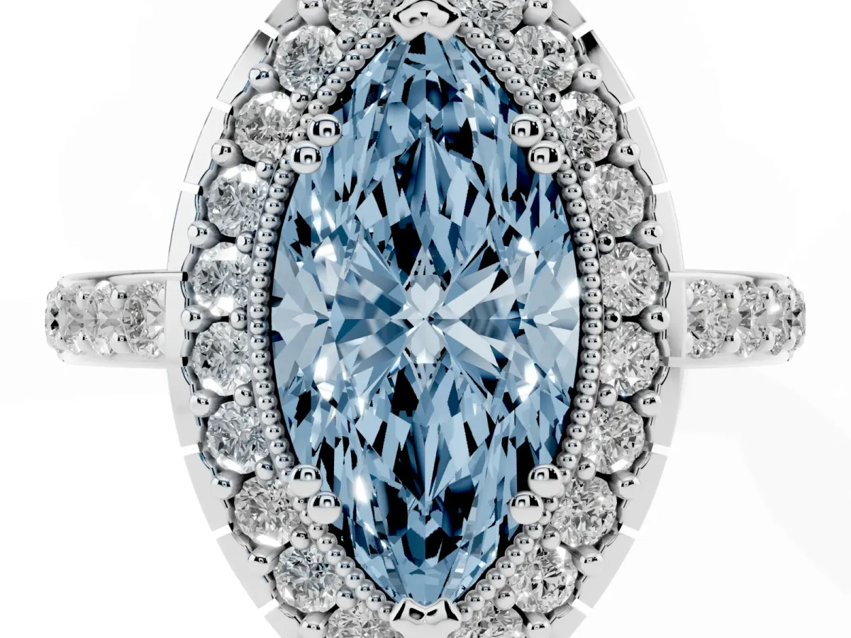Fancy Blue Marquise Cut Diamond Halo Ring with Pavé Band and Prong Setting White gold