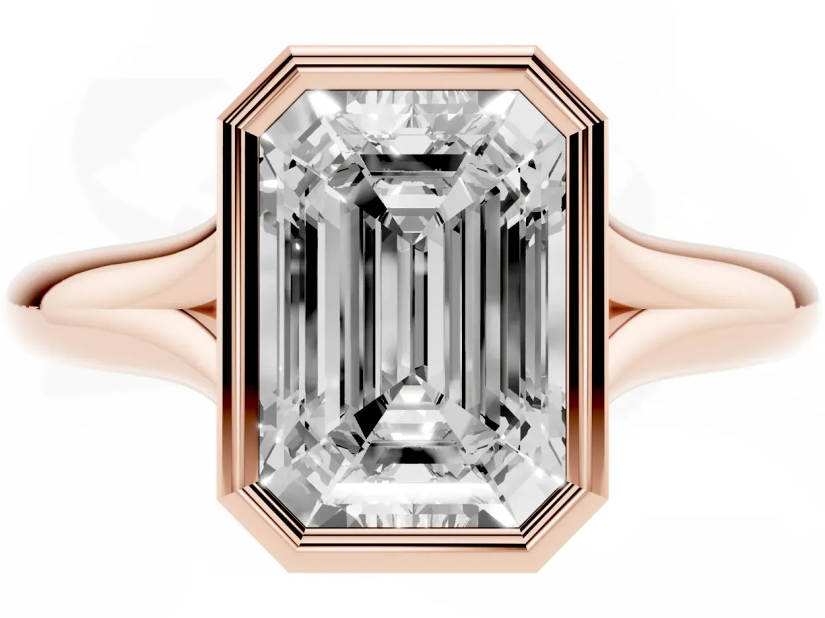 Bezel Set Emerald Cut Solitaire Diamond Ring with Smooth Band Rose gold