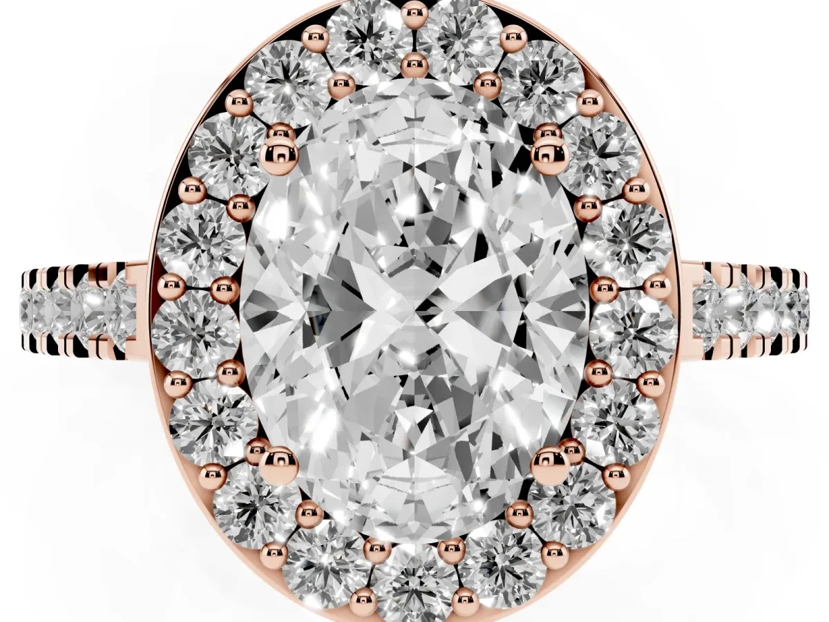 Oval Cut Diamond Halo Ring with Round Pavé Split Shank and Prong Setting Rose gold